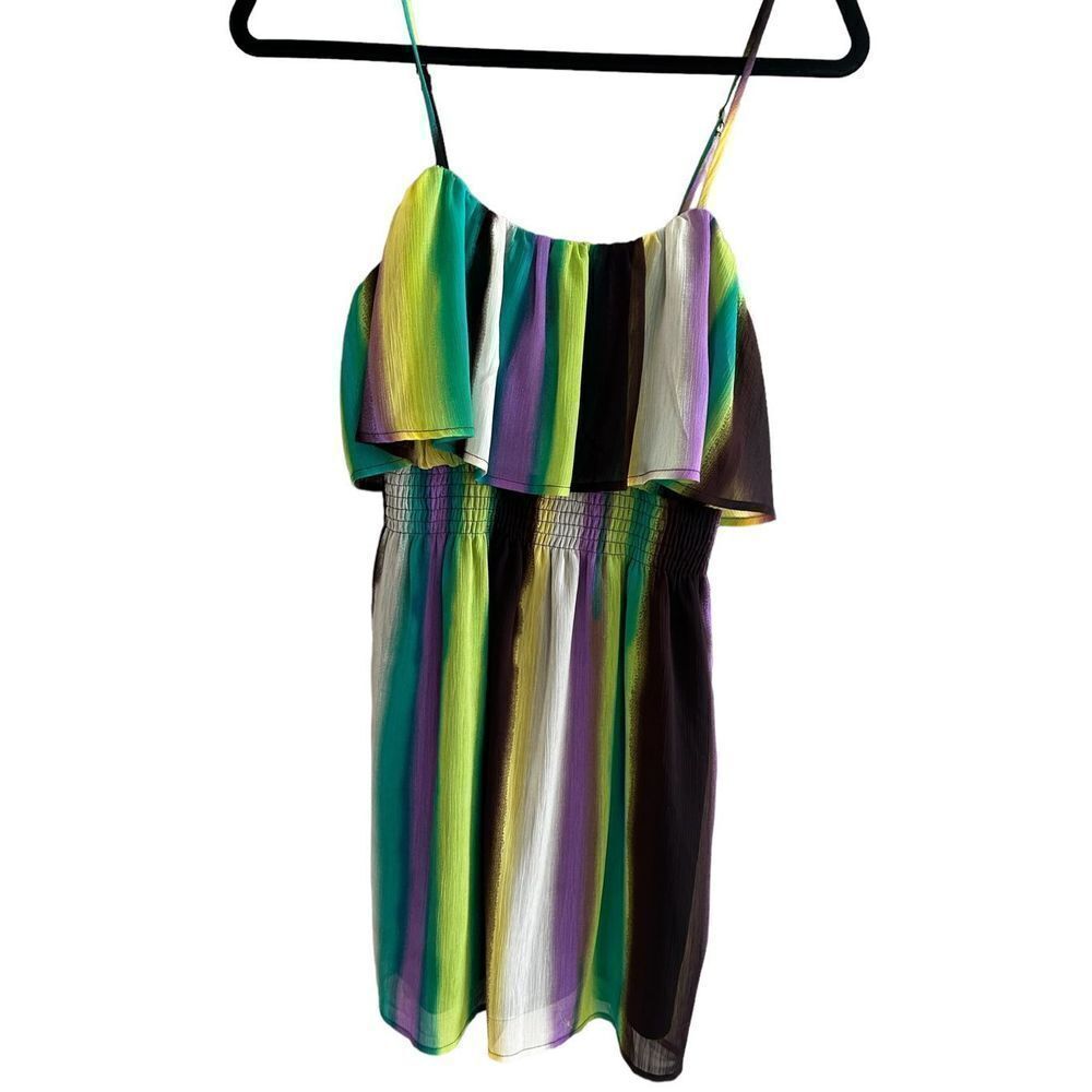 Modern Love summer striped
Spaghetti strap dress size medium ruffled layer green